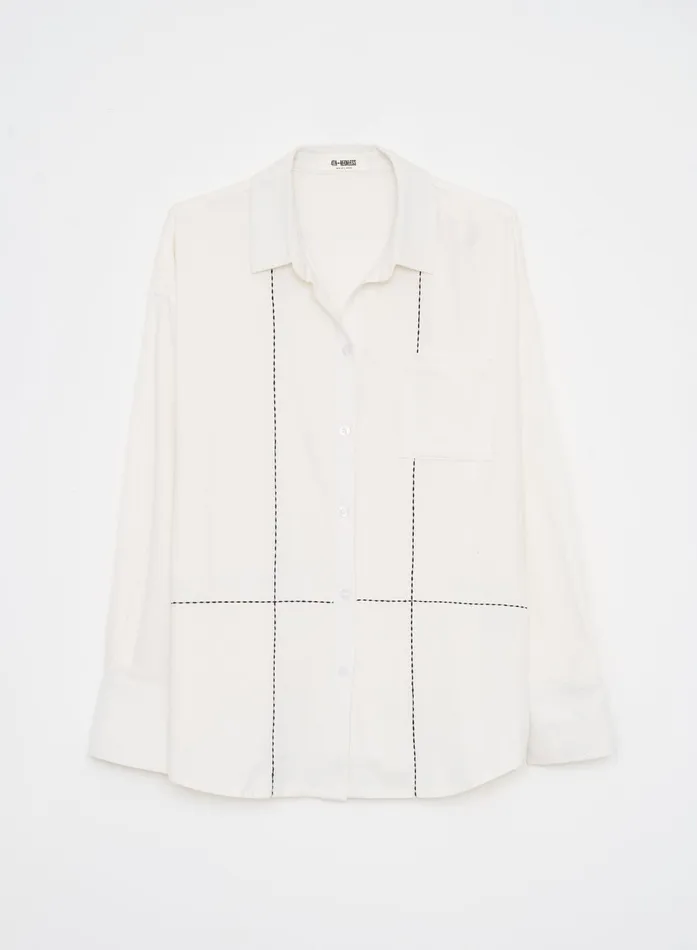 Women Off White Contrast Stitch Linen Oversized Shirt Genevive 4th and Reckless Tops