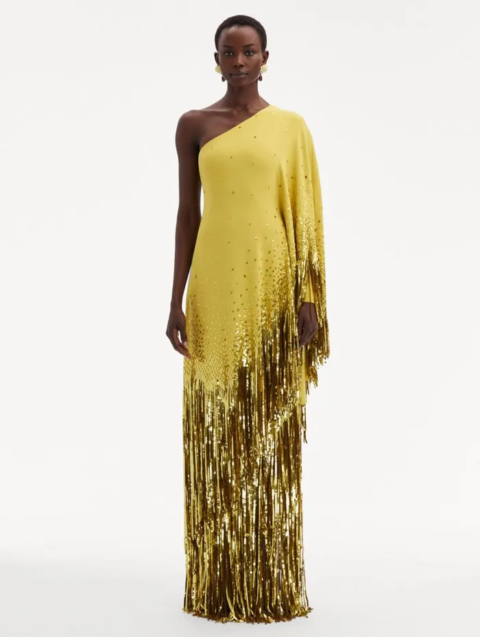Women One Shoulder Sequin Fringe Caftan Ginger Oscar De La Renta Gowns and Caftans Women One Shoulder Sequin Fringe Caftan Ginger Oscar De La Renta Gowns and Caftans