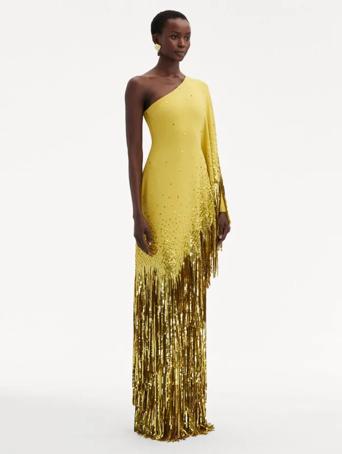 Women One Shoulder Sequin Fringe Caftan Ginger Oscar De La Renta Gowns and Caftans Women One Shoulder Sequin Fringe Caftan Ginger Oscar De La Renta Gowns and Caftans