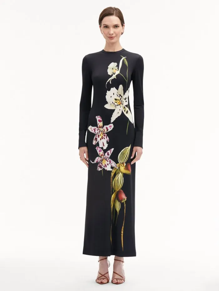 Women Orchid Jersey Dress Dark Navy Multi Oscar De La Renta Dresses