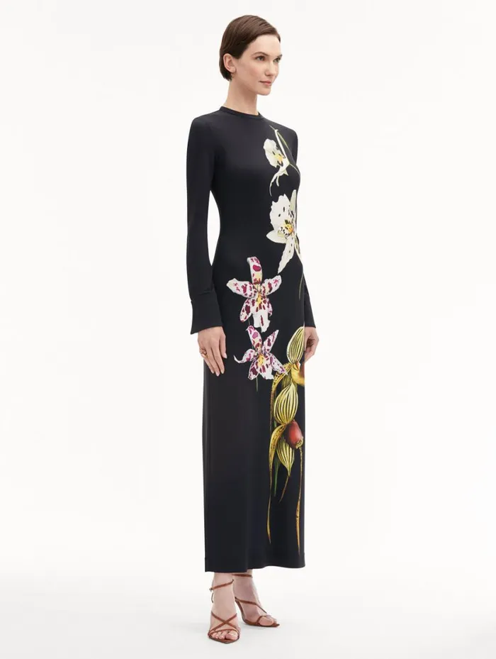 Women Orchid Jersey Dress Dark Navy Multi Oscar De La Renta Dresses