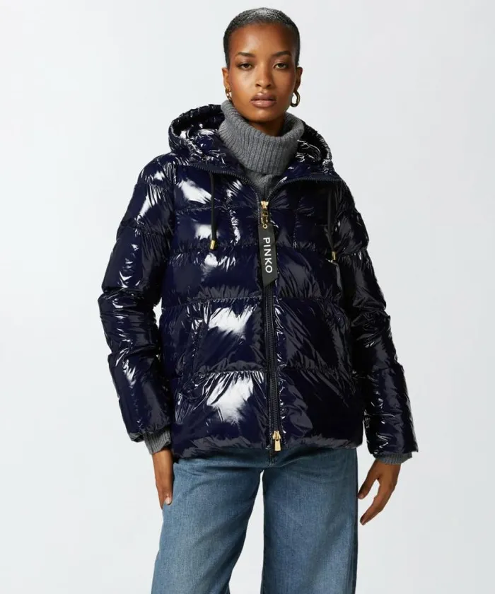 Women Outerwear Pinko Crystal Nylon Pea Jacket Total Eclipse Blue