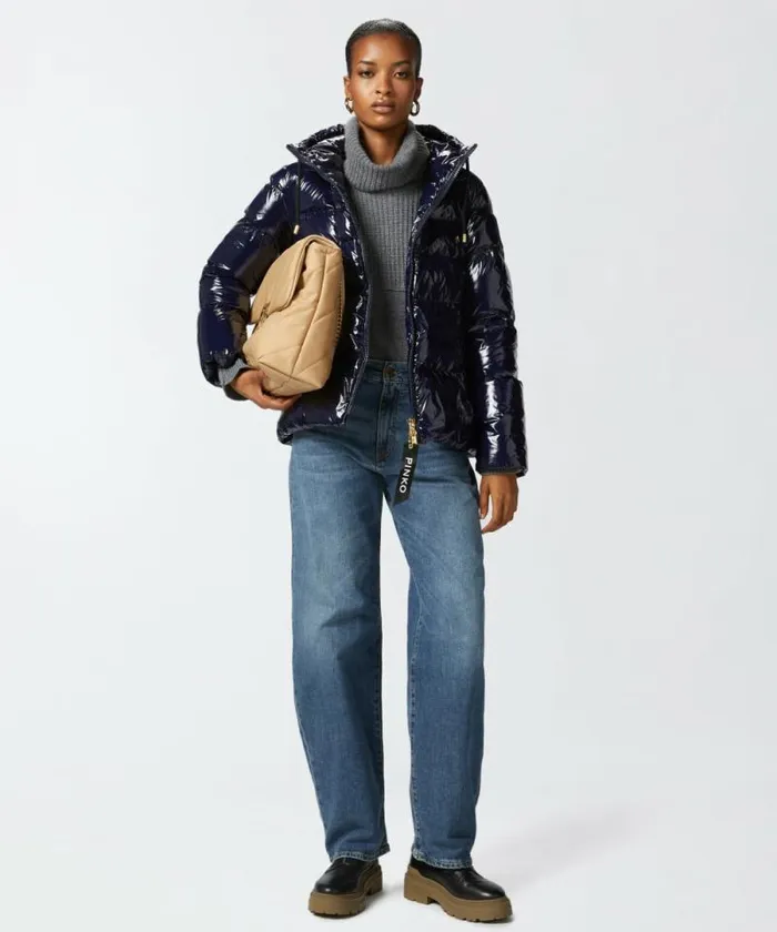 Women Outerwear Pinko Crystal Nylon Pea Jacket Total Eclipse Blue Women Outerwear Pinko Crystal Nylon Pea Jacket Total Eclipse Blue