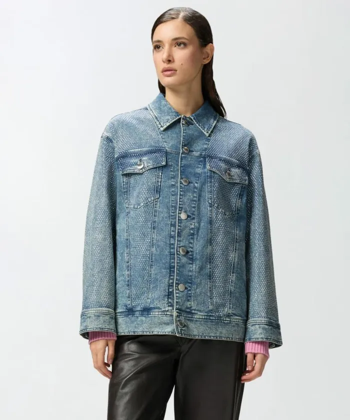 Women Outerwear Pinko Denim Jacket With Rhinestones And Studs Dark Mid Wash