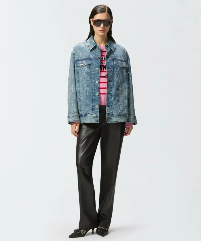 Women Outerwear Pinko Denim Jacket With Rhinestones And Studs Dark Mid Wash Women Outerwear Pinko Denim Jacket With Rhinestones And Studs Dark Mid Wash