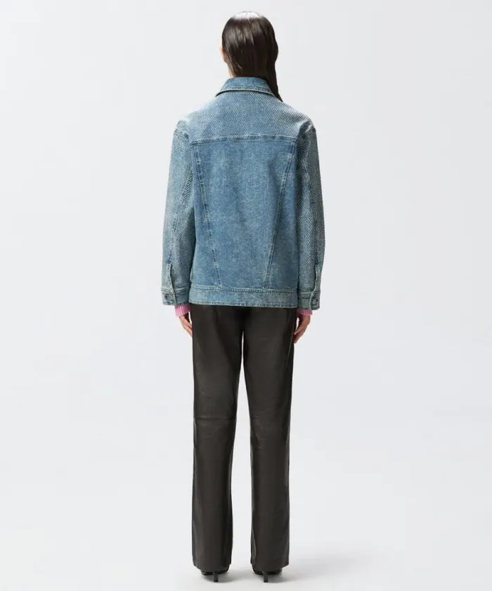 Women Outerwear Pinko Denim Jacket With Rhinestones And Studs Dark Mid Wash Women Outerwear Pinko Denim Jacket With Rhinestones And Studs Dark Mid Wash