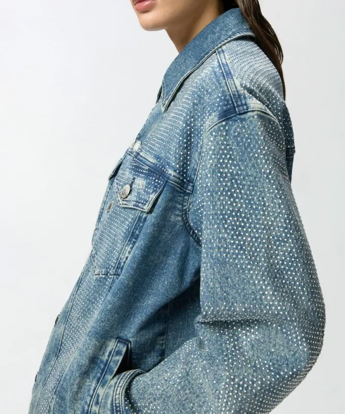 Women Outerwear Pinko Denim Jacket With Rhinestones And Studs Dark Mid Wash Women Outerwear Pinko Denim Jacket With Rhinestones And Studs Dark Mid Wash