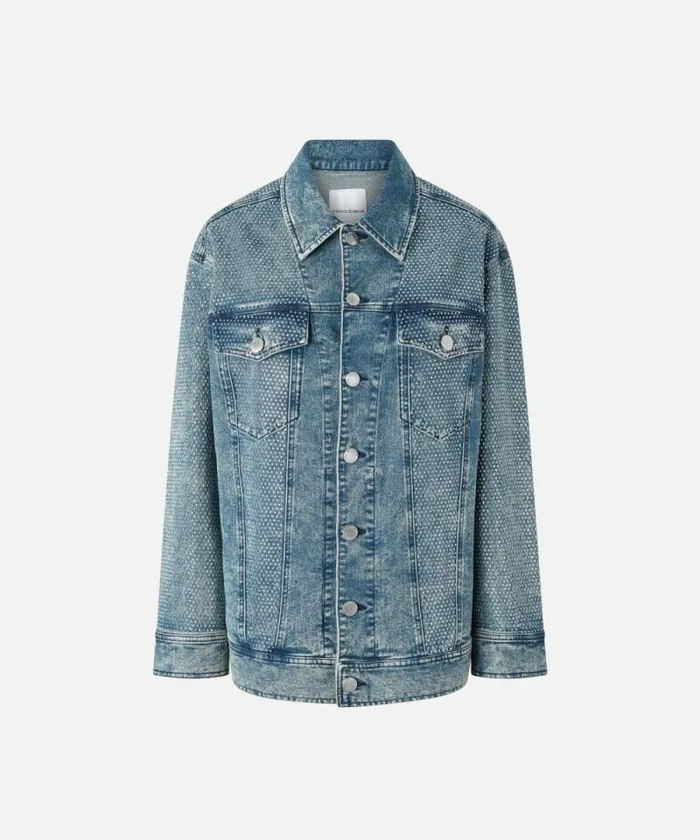 Women Outerwear Pinko Denim Jacket With Rhinestones And Studs Dark Mid Wash Women Outerwear Pinko Denim Jacket With Rhinestones And Studs Dark Mid Wash