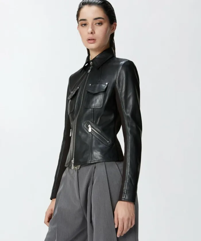 Women Outerwear Pinko Short Leather And Technical Fabric Biker Jacket Limo Black Women Outerwear Pinko Short Leather And Technical Fabric Biker Jacket Limo Black