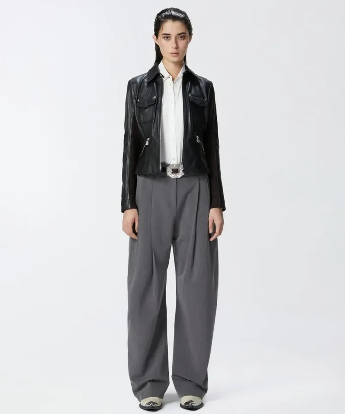 Women Outerwear Pinko Short Leather And Technical Fabric Biker Jacket Limo Black Women Outerwear Pinko Short Leather And Technical Fabric Biker Jacket Limo Black