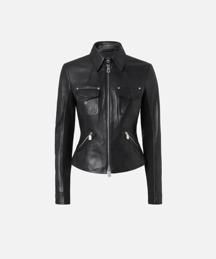 Women Outerwear Pinko Short Leather And Technical Fabric Biker Jacket Limo Black Women Outerwear Pinko Short Leather And Technical Fabric Biker Jacket Limo Black