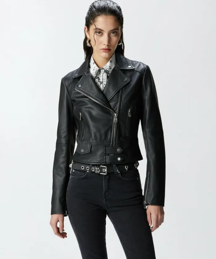 Women Outerwear Pinko Short Zipped Nappa Leather Biker Jacket Limo Black