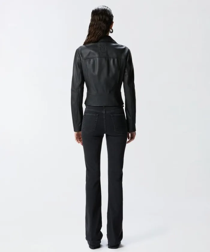 Women Outerwear Pinko Short Zipped Nappa Leather Biker Jacket Limo Black Women Outerwear Pinko Short Zipped Nappa Leather Biker Jacket Limo Black