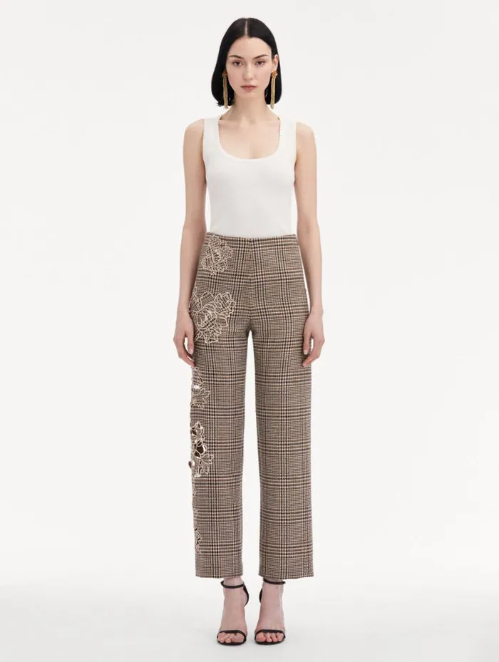 Women Peony Guipure Appliqu Plaid Pant Cocoa Multi Oscar De La Renta Pants and Skirts Women Peony Guipure Appliqu Plaid Pant Cocoa Multi Oscar De La Renta Pants and Skirts