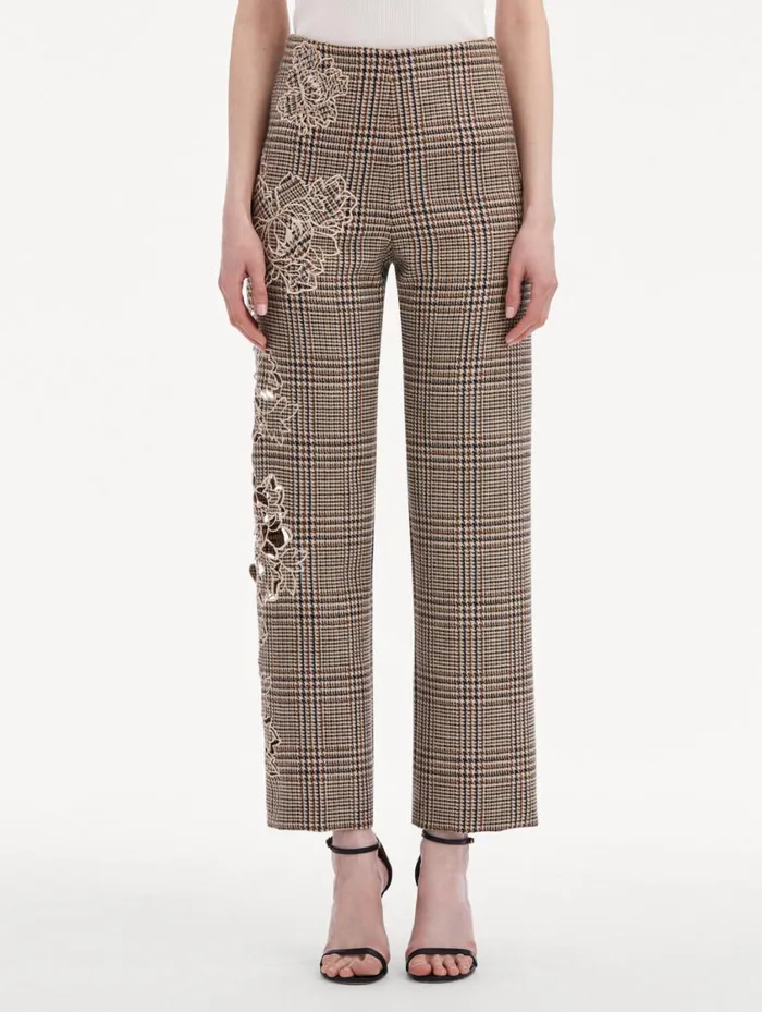 Women Peony Guipure Appliqu Plaid Pant Cocoa Multi Oscar De La Renta Pants and Skirts Women Peony Guipure Appliqu Plaid Pant Cocoa Multi Oscar De La Renta Pants and Skirts