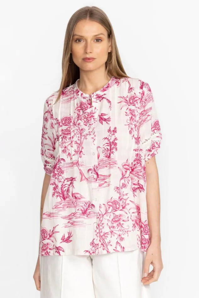 Women PINK FIREBIRD PLEATED BUTTON DOWN BLOUSE Pink Firebird Johnny Was Tops