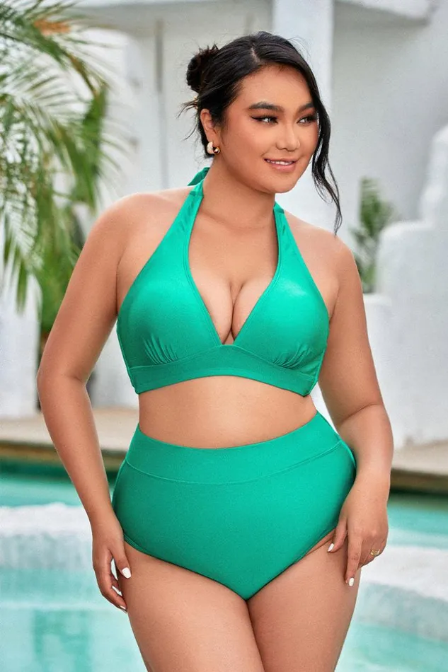 Women Plus Size and Curve Bikinis Cupshe Street Art Halter Back Tie And High Waist Plus Size Bikini Set Green Women Plus Size and Curve Bikinis Cupshe Street Art Halter Back Tie And High Waist Plus Size Bikini Set Green