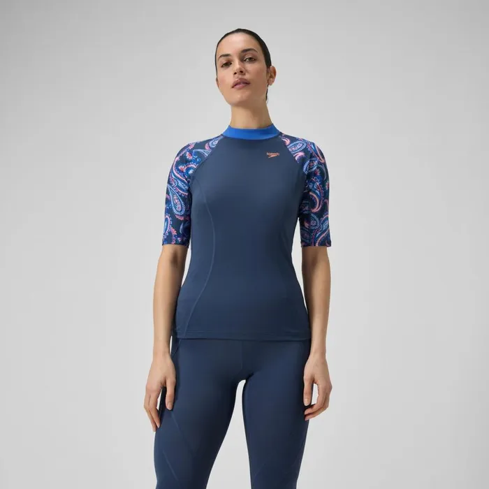 Women Rash Vests Speedo Women039s Printed Short Sleeve Rash Top NavyBlue
