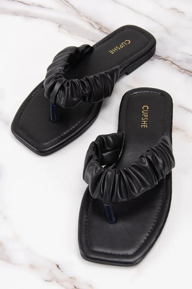 Women Sandals Cupshe Black Orchid Ruched Thong Sandals Black