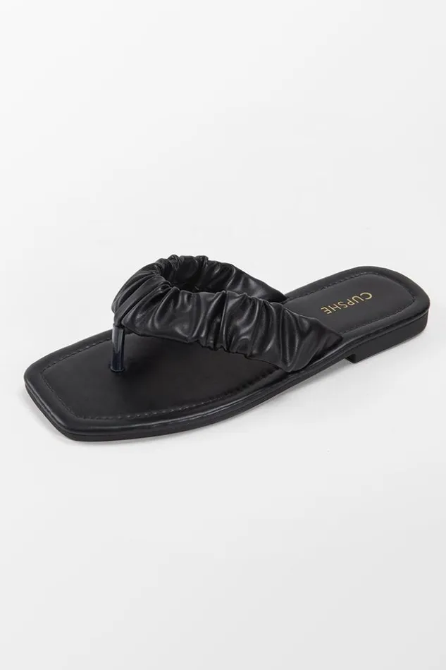 Women Sandals Cupshe Black Orchid Ruched Thong Sandals Black