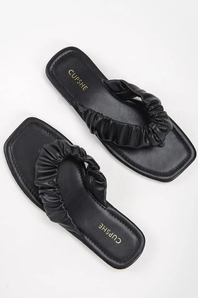 Women Sandals Cupshe Black Orchid Ruched Thong Sandals Black