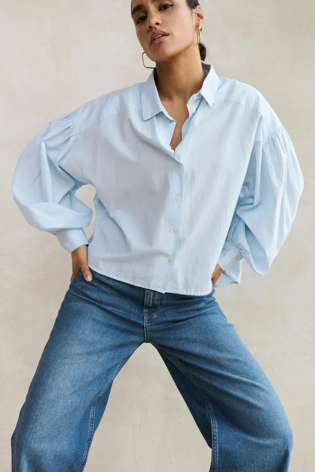 Women Sarah Short Chambray Blouse Light Blue Bybar Blouses