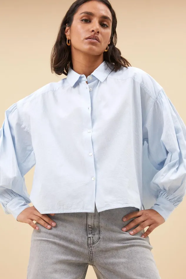 Women Sarah Short Chambray Blouse Light Blue Bybar Blouses Women Sarah Short Chambray Blouse Light Blue Bybar Blouses