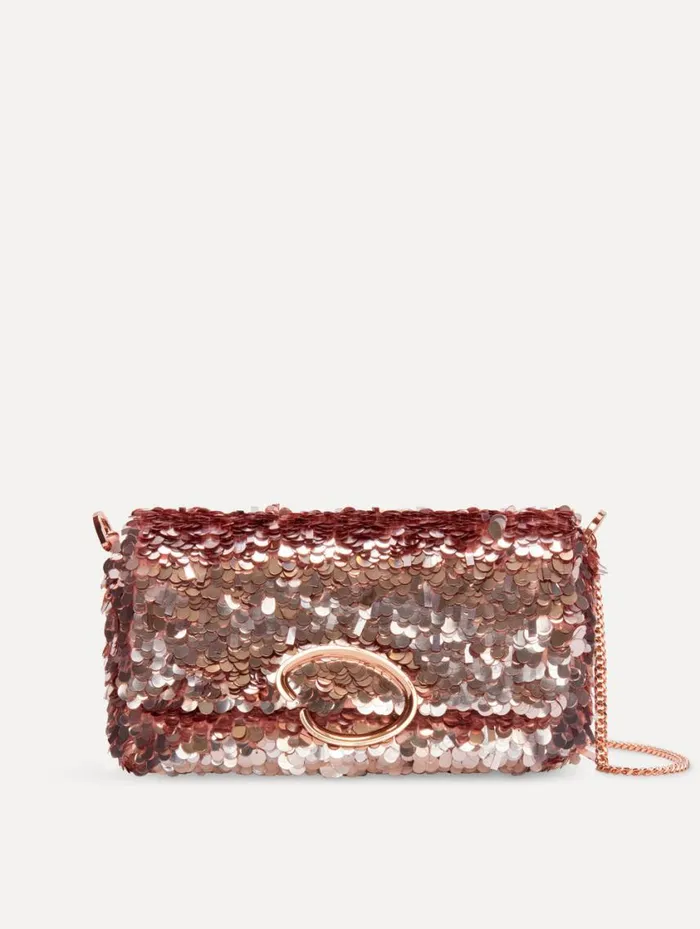 Women Sequin Embroidered Shoulder Bag Champagne Oscar De La Renta Handbags
