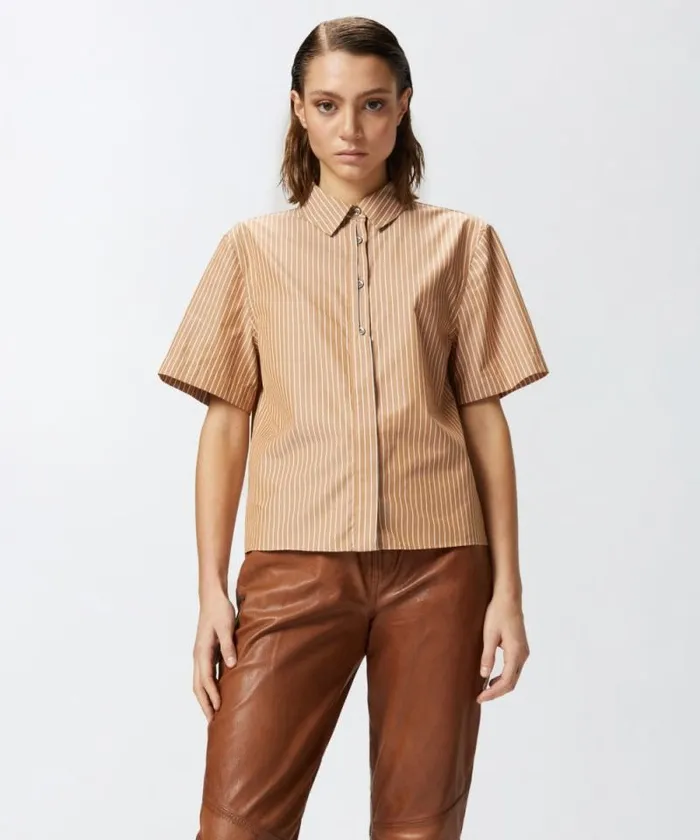 Women Shirts And Blouses Pinko Cotton Bowling Shirt With Vertical Stripes Brownwhite Women Shirts And Blouses Pinko Cotton Bowling Shirt With Vertical Stripes Brownwhite