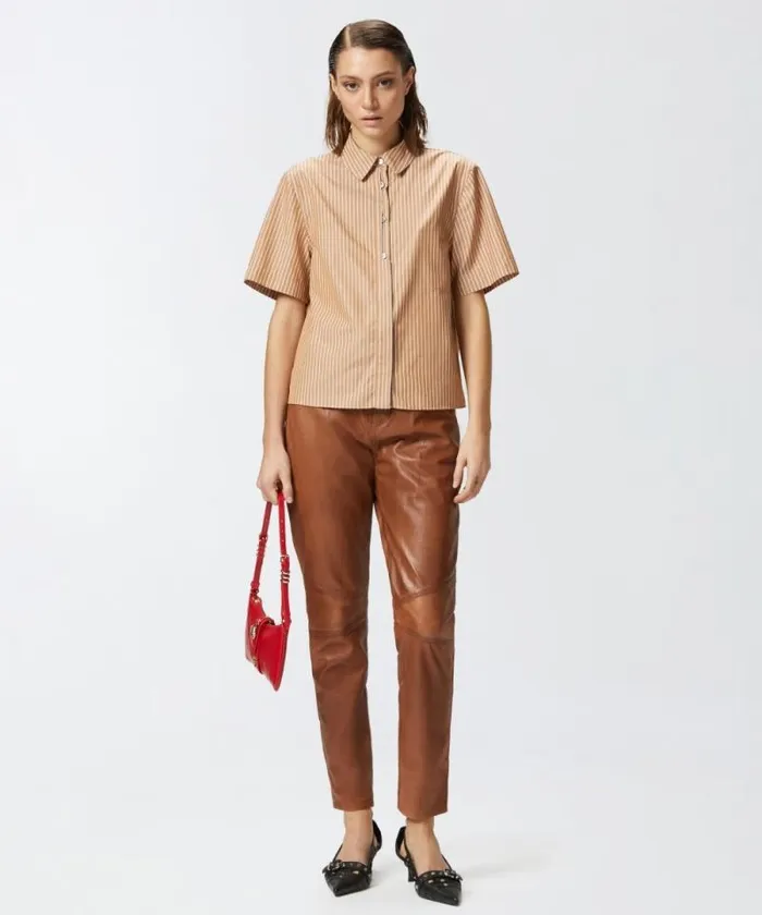 Women Shirts And Blouses Pinko Cotton Bowling Shirt With Vertical Stripes Brownwhite Women Shirts And Blouses Pinko Cotton Bowling Shirt With Vertical Stripes Brownwhite