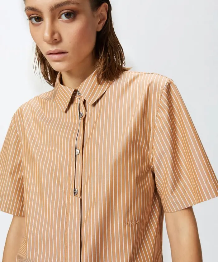 Women Shirts And Blouses Pinko Cotton Bowling Shirt With Vertical Stripes Brownwhite Women Shirts And Blouses Pinko Cotton Bowling Shirt With Vertical Stripes Brownwhite