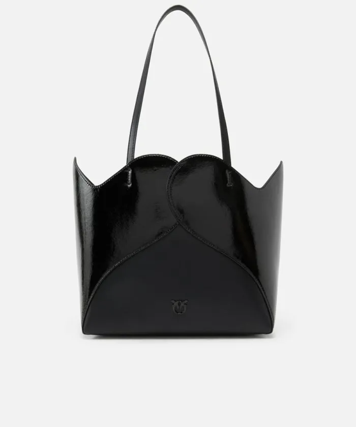 Women Shopping Bags Pinko Heart Shopper Bag In Glossy And Matt Leather Limo Black Block Colour Women Shopping Bags Pinko Heart Shopper Bag In Glossy And Matt Leather Limo Black Block Colour