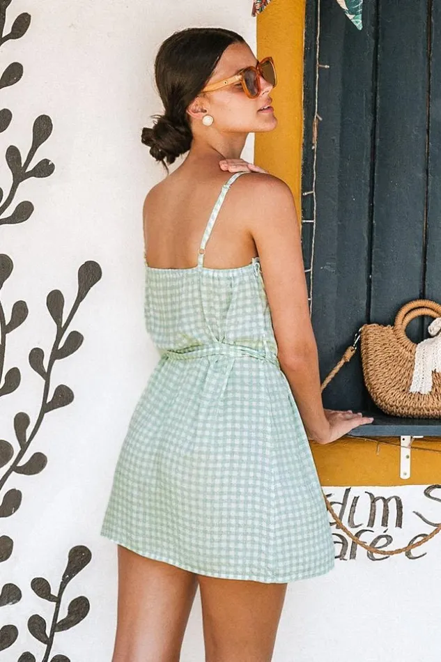 Women Short Dresses Cupshe Jaqueline Gingham Belted Frill Trim Dress Green