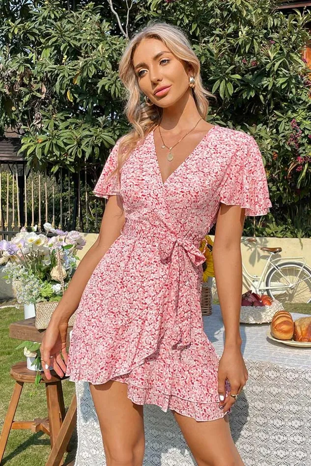 Women Short Dresses Cupshe Nina Vneck Short Sleeve Wrap Dress Pink