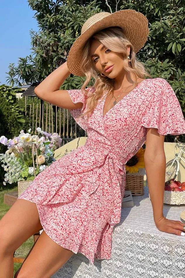 Women Short Dresses Cupshe Nina Vneck Short Sleeve Wrap Dress Pink