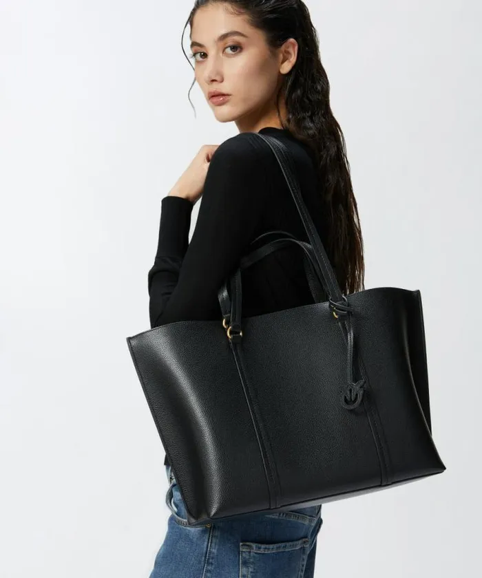 Women Shoulder Bags Pinko Large Tumbled Leather Shopper Bag Blackantique Gold Women Shoulder Bags Pinko Large Tumbled Leather Shopper Bag Blackantique Gold