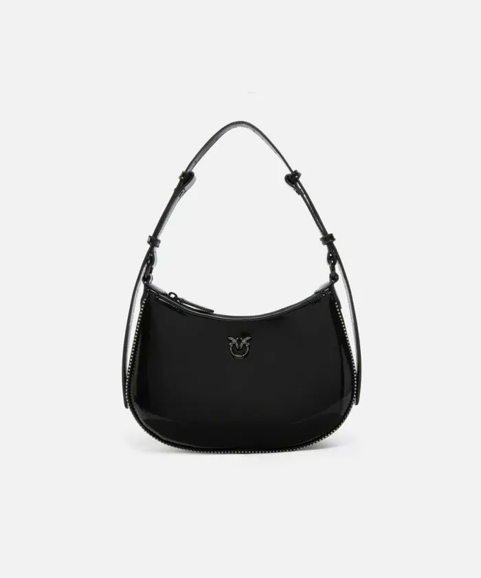 Women Shoulder Bags Pinko Patent Leather Halfmoon Bag With Rhinestones Limo Black Block Colour Women Shoulder Bags Pinko Patent Leather Halfmoon Bag With Rhinestones Limo Black Block Colour