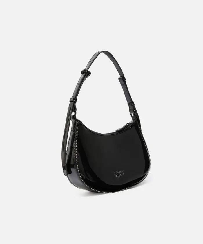 Women Shoulder Bags Pinko Patent Leather Halfmoon Bag With Rhinestones Limo Black Block Colour Women Shoulder Bags Pinko Patent Leather Halfmoon Bag With Rhinestones Limo Black Block Colour