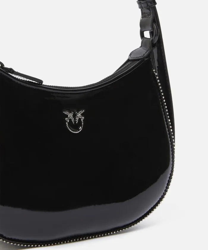 Women Shoulder Bags Pinko Patent Leather Halfmoon Bag With Rhinestones Limo Black Block Colour Women Shoulder Bags Pinko Patent Leather Halfmoon Bag With Rhinestones Limo Black Block Colour