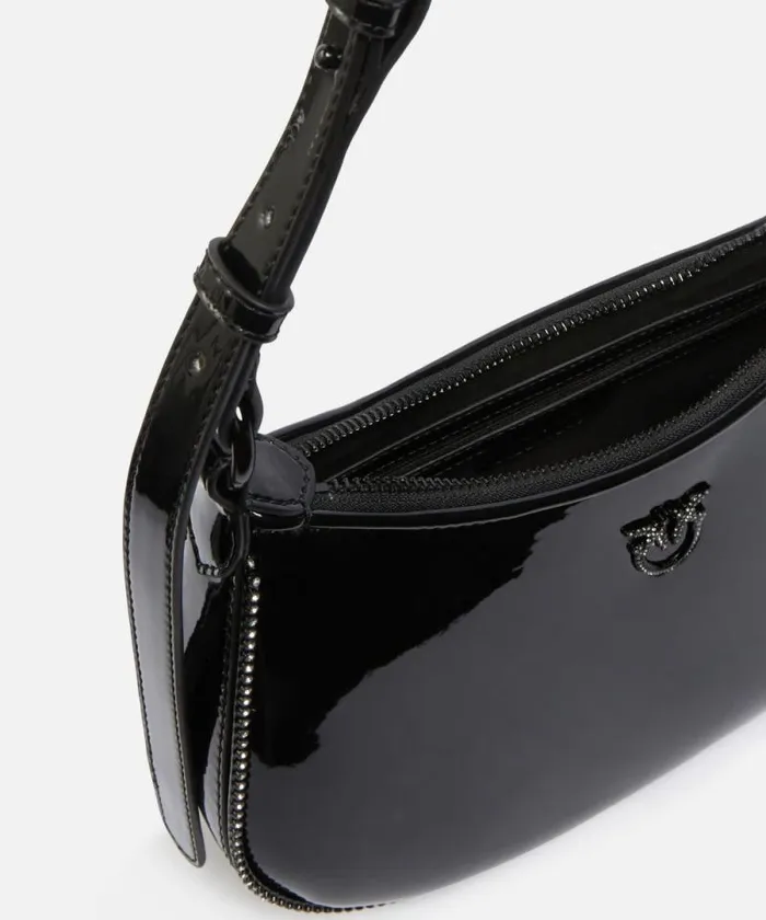Women Shoulder Bags Pinko Patent Leather Halfmoon Bag With Rhinestones Limo Black Block Colour Women Shoulder Bags Pinko Patent Leather Halfmoon Bag With Rhinestones Limo Black Block Colour