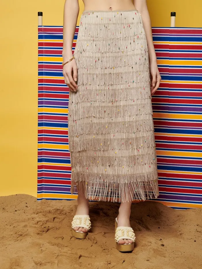 Women Sister Jane Bottoms Ghospell Vivian Fringed Midi Skirt Light French Beige Women Sister Jane Bottoms Ghospell Vivian Fringed Midi Skirt Light French Beige