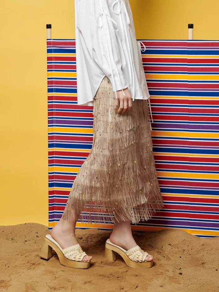 Women Sister Jane Bottoms Ghospell Vivian Fringed Midi Skirt Light French Beige