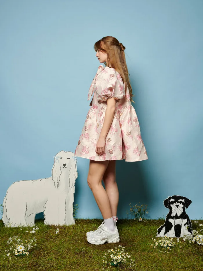 Women Sister Jane Dresses Oak Flower Jacquard Dress Baby Pink Ivory