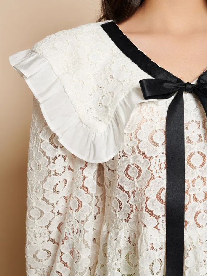 Women Sister Jane Tops Vanilla Lace Bow Top White