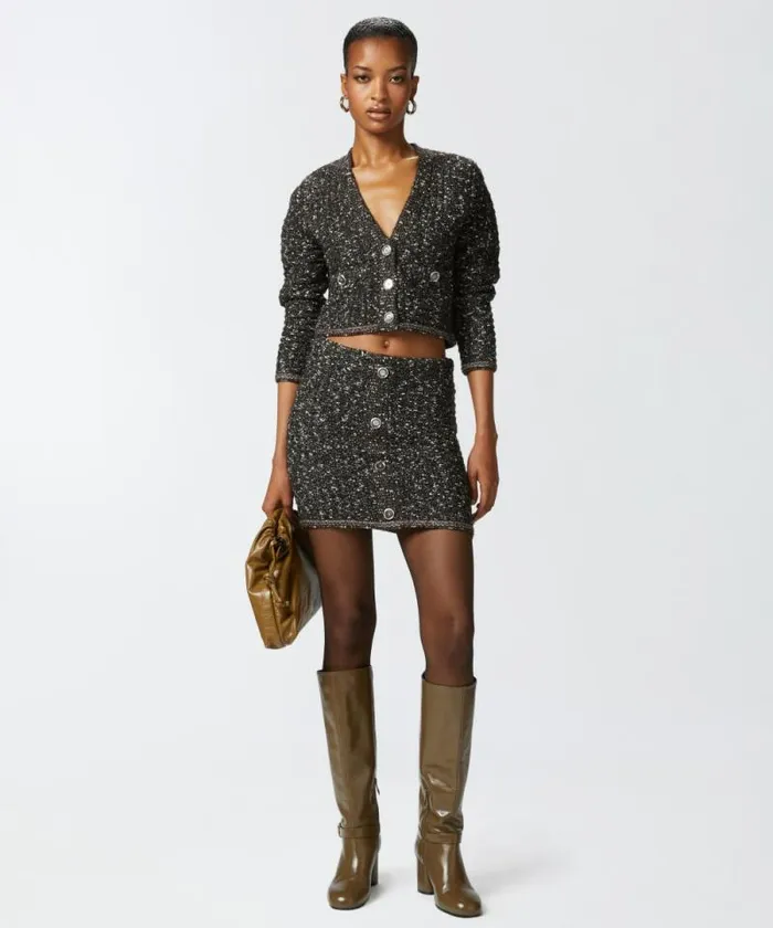 Women Skirts Pinko Boucl Knit Mini Skirt With Sequins Blackbrownwhite