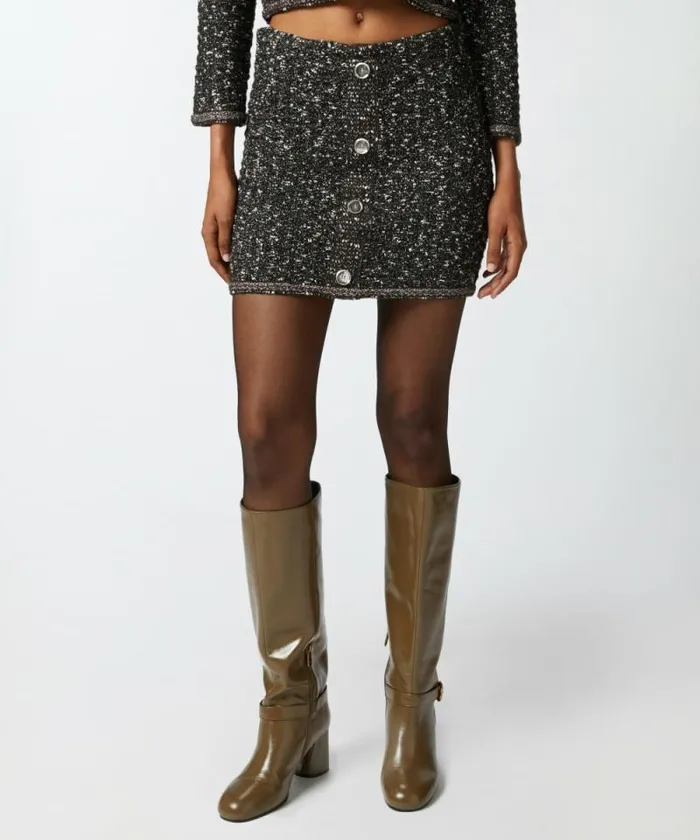 Women Skirts Pinko Boucl Knit Mini Skirt With Sequins Blackbrownwhite Women Skirts Pinko Boucl Knit Mini Skirt With Sequins Blackbrownwhite