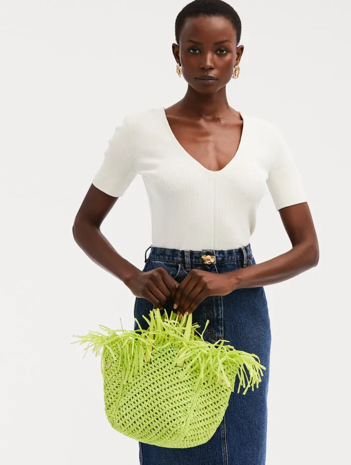Women Small Raffia Crochet Square Tote Citrine Oscar De La Renta Handbags Women Small Raffia Crochet Square Tote Citrine Oscar De La Renta Handbags