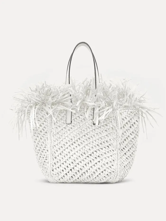 Women Small Raffia Crochet Square Tote White Oscar De La Renta Handbags