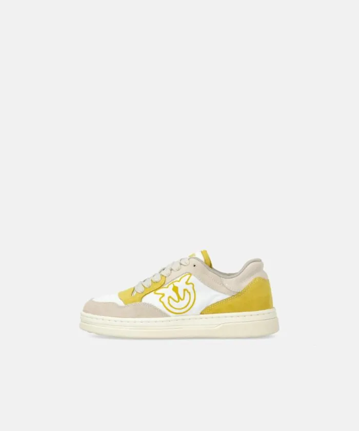 Women Sneakers Pinko Flat Leather Sneakers With Contrasting Logo Whitelime Women Sneakers Pinko Flat Leather Sneakers With Contrasting Logo Whitelime
