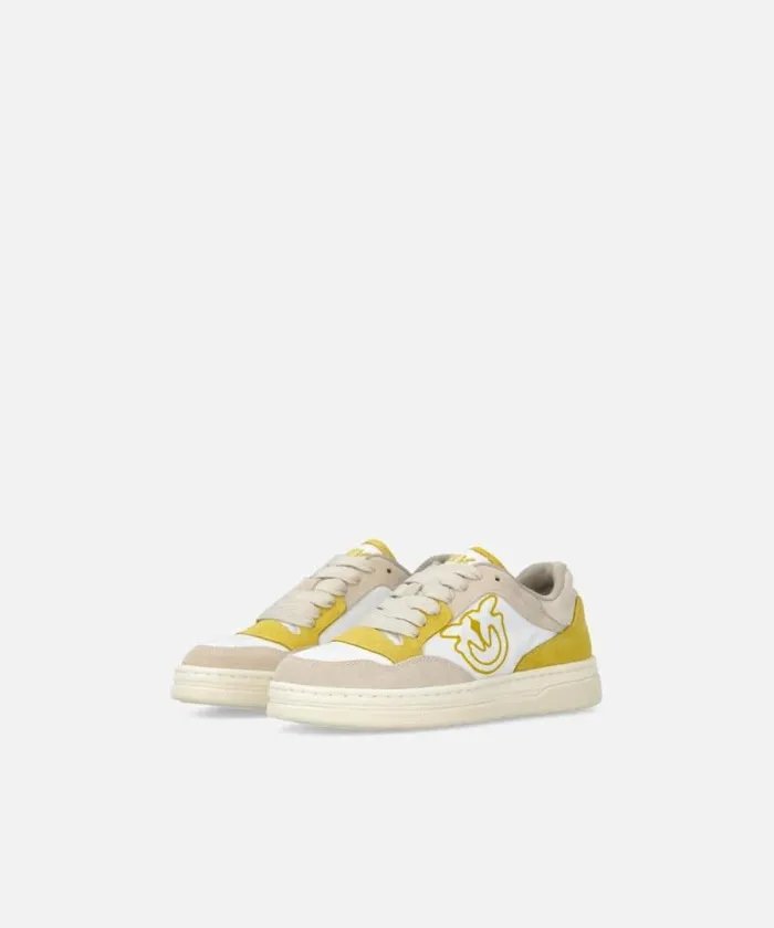 Women Sneakers Pinko Flat Leather Sneakers With Contrasting Logo Whitelime Women Sneakers Pinko Flat Leather Sneakers With Contrasting Logo Whitelime